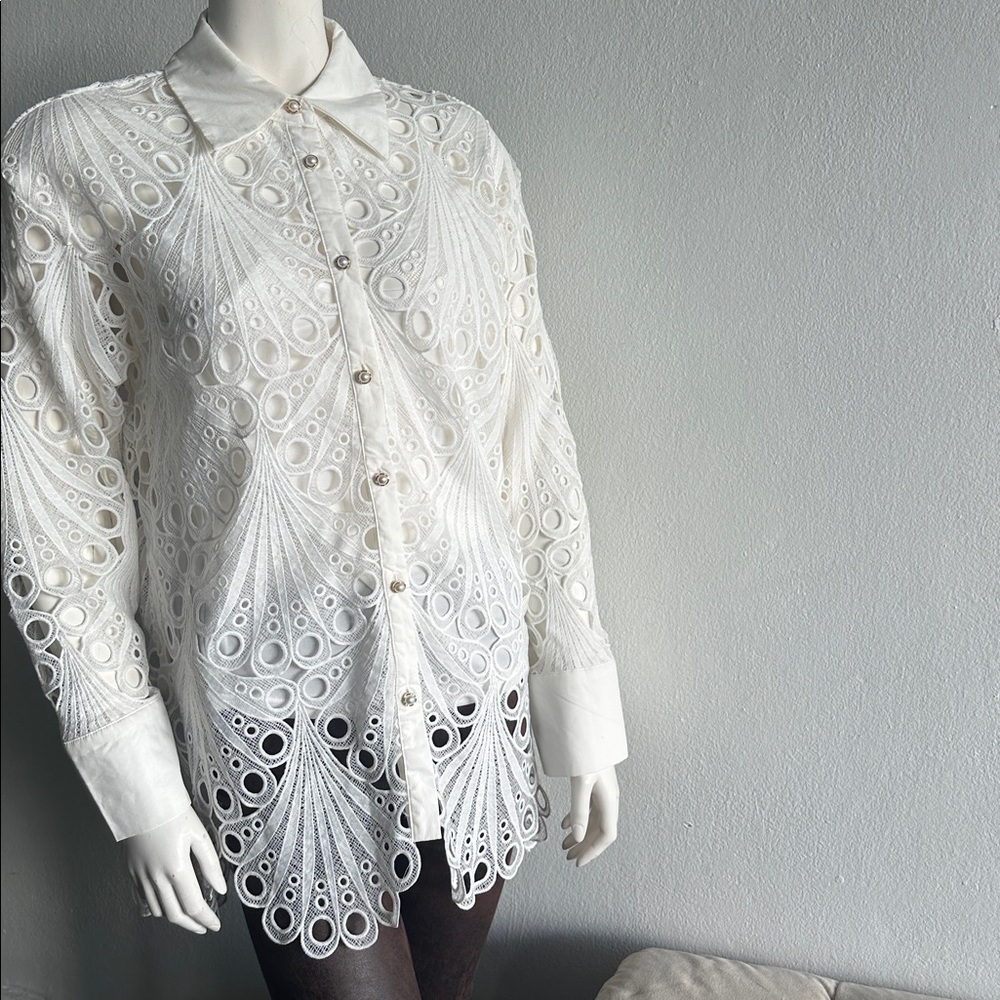NWT JJ’s Fairyland Peacock eyelet lace button down shirt